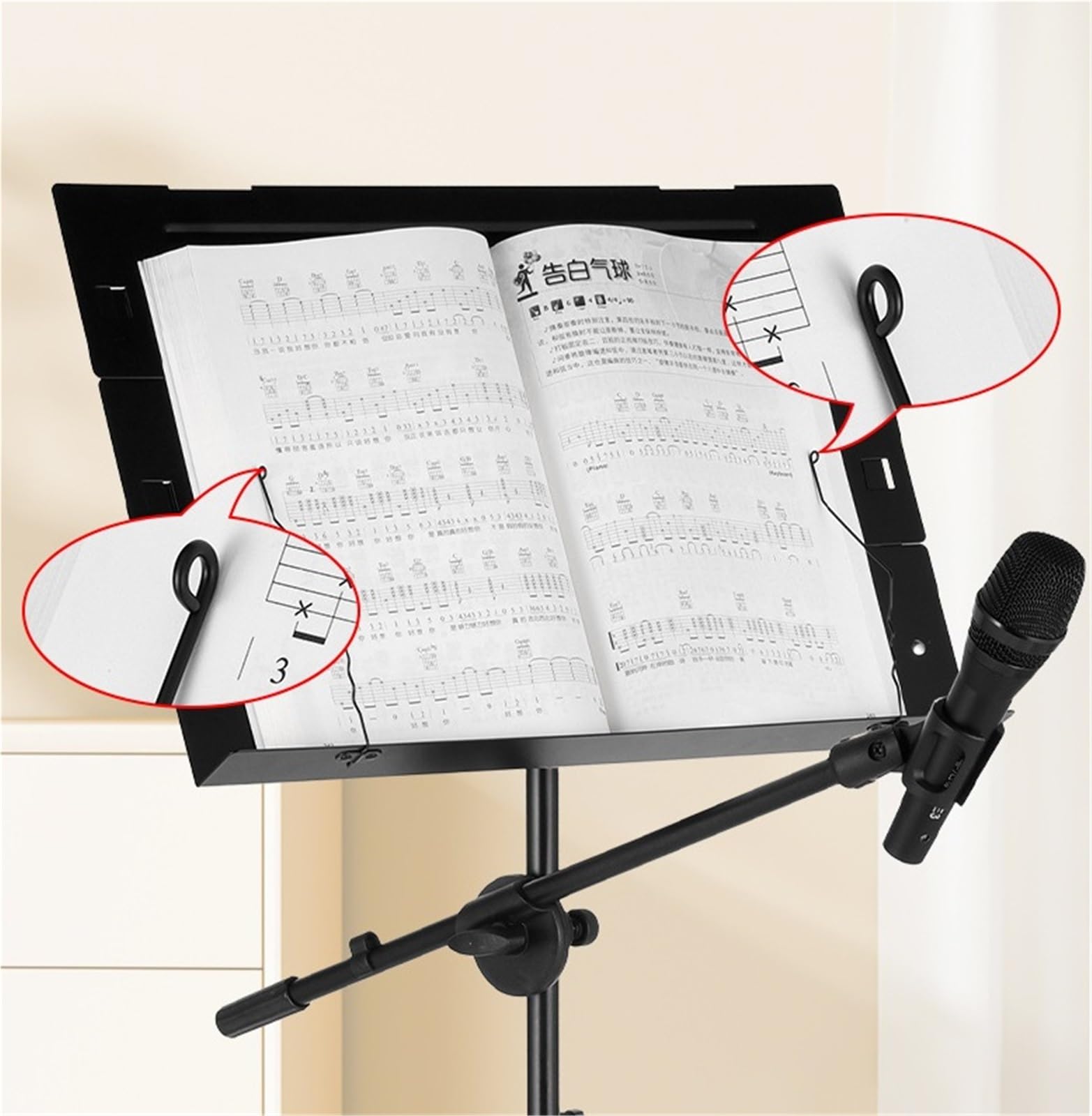 Leggio per spartiti, Leggio Pieghevole Regolabile in Altezza Portatile con Supporto for Microfono in Metallo Nero