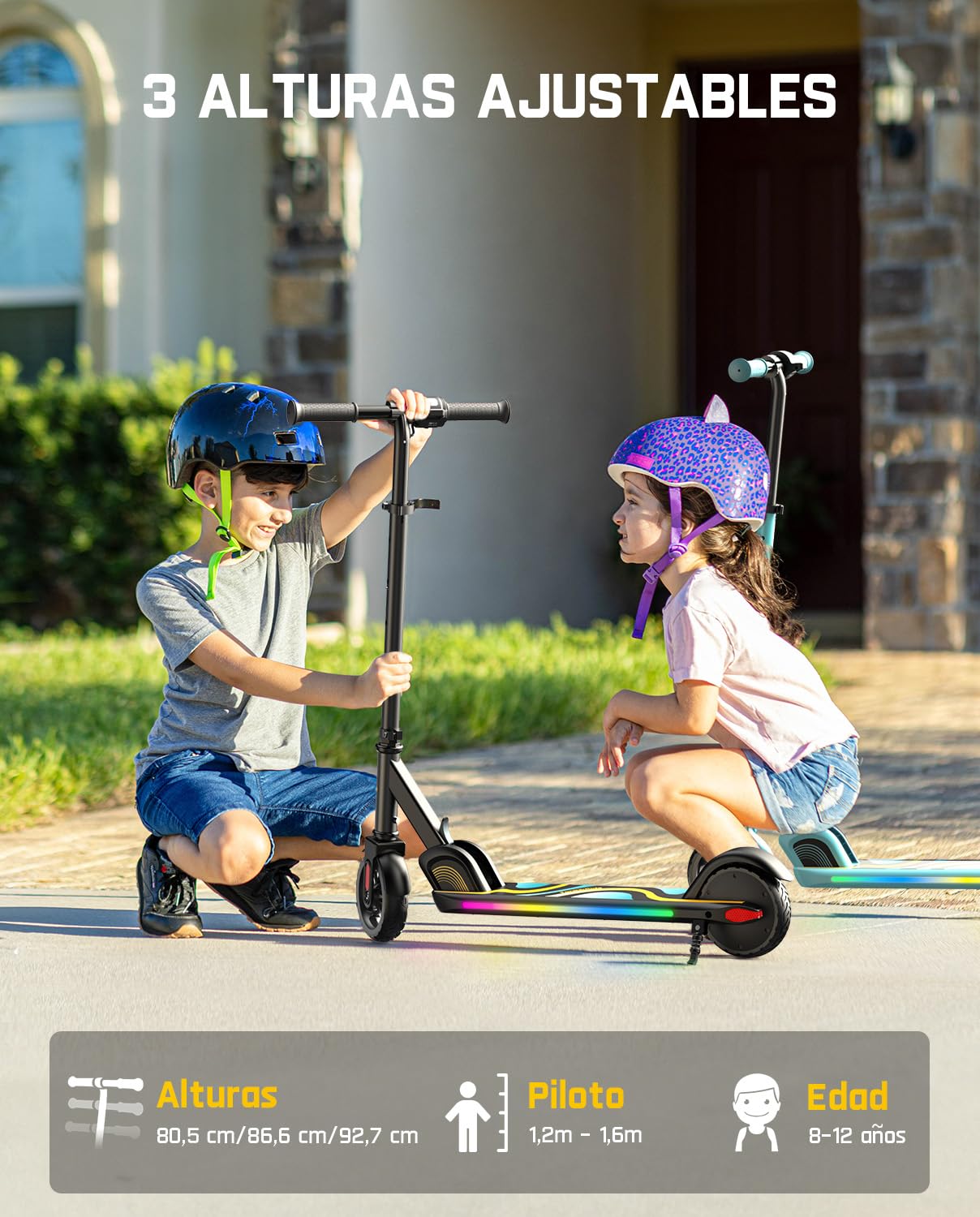 FanttikRide C9 Pro Patinete Eléctrico Niño 1,2-1,6 m, Luces Arcoíris, Velocidades 8/13/16 km/h, Alcance 8 km, Pantalla LED, Altura Ajustable, Plegable, Máxima de Carga 60 kg