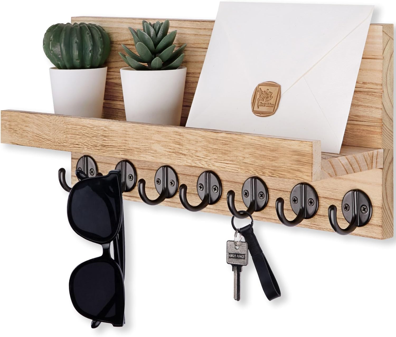 Key Holder Wall Mount, Entryway Key and Mail Holder with 7 Sturdy Hooks for Sunglasses, Dog Leash, Decorative Wall Shelf with Mounting Hardware, 15”W x 6.7”H x 4.2”D (Wood)