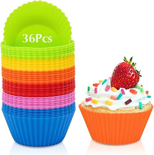 Paquete de 36 tazas de silicona para hornear cupcakes, reutilizables y antiadherentes, mini moldes de silicona para muffins, forros multicolores