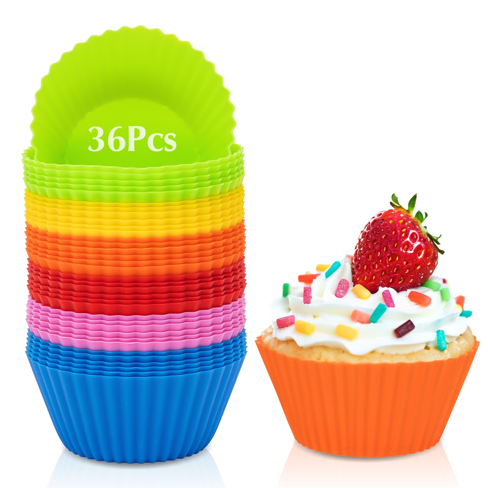 Photo 1 of RAINFLOW 36 PCS Silicone Cupcake Baking Cups - Reusable Non-stick Muffin Liners, Silicone Muffin Cups Multicolor Cupcake Liners Holder for Mother's Day, Parties, Halloween, Christmas, Birthday, Easter