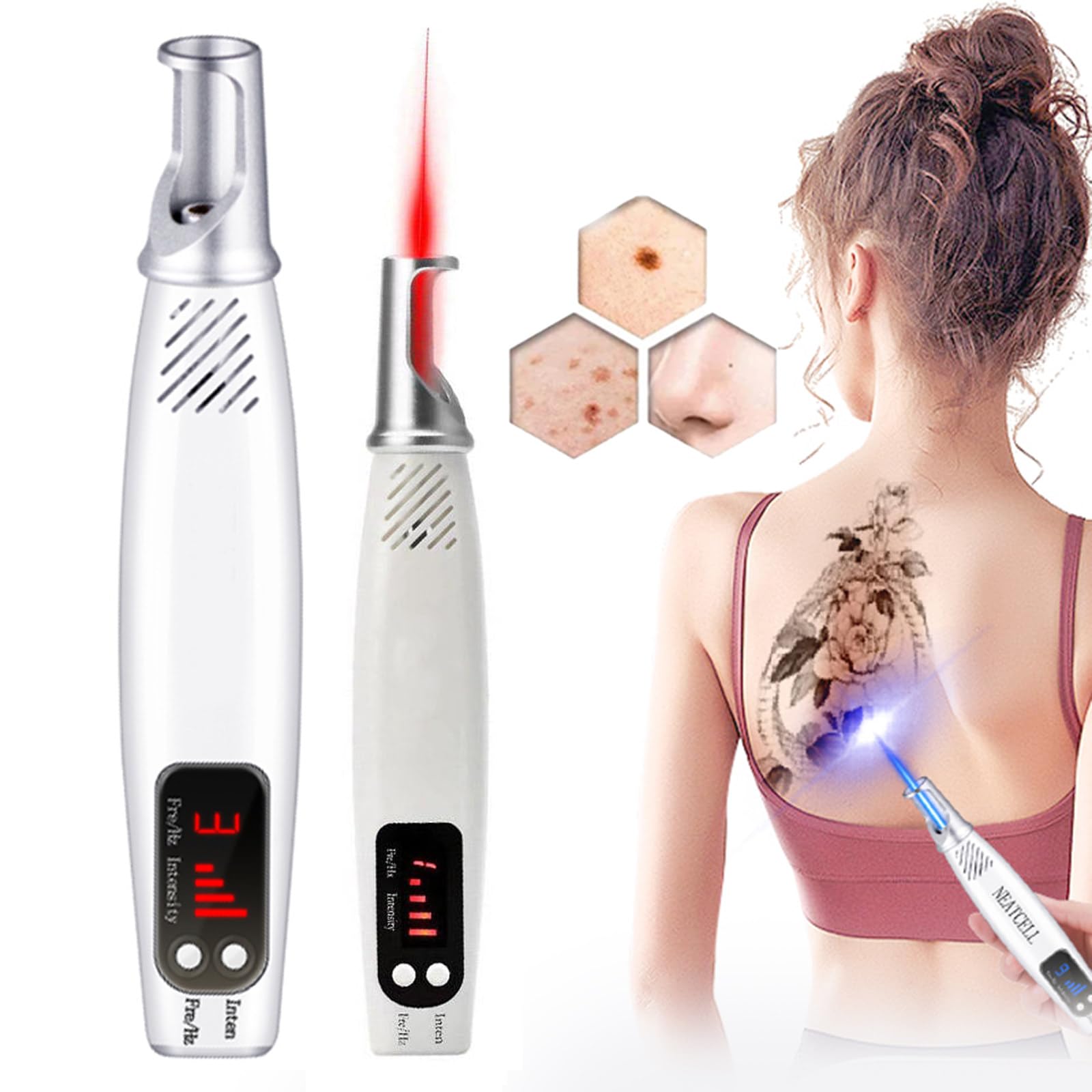 Hplndas Red Skin Tags Remover Pen, Picosecond Lase Pen Light Therapy Tattoo Removal Machine Blue/ Light Pigment Tattoo Scar Mole Freckle Removal Dark Spot Remover, With Glasses