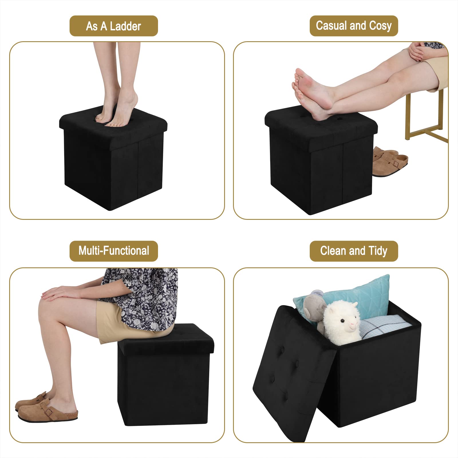 WOLTU Lot de 2 Tabouret Pouf Pliable, Coffre de Rangement Cubique, en Velours, 37,5x37,5x38cm, Noir