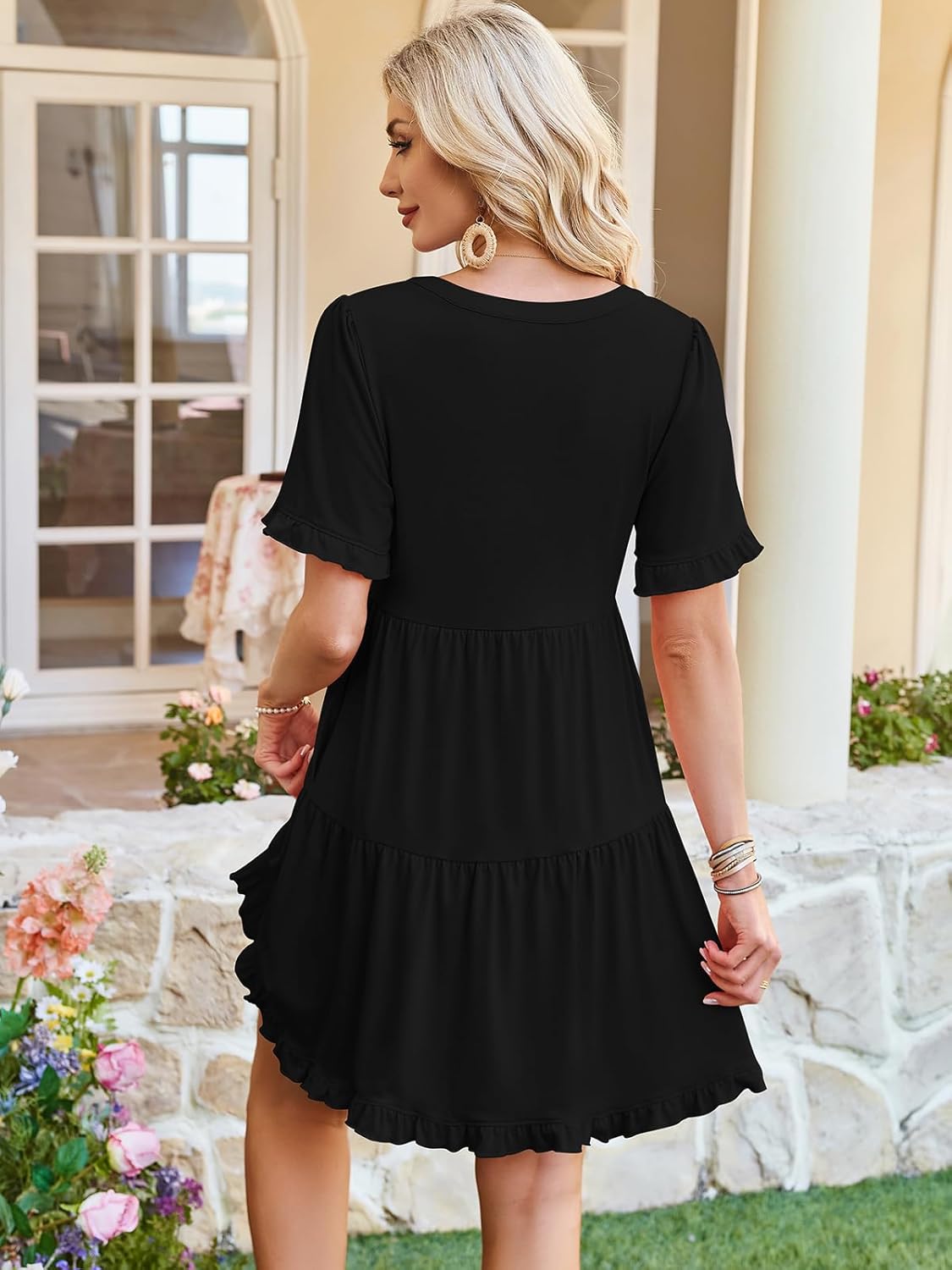 Naggoo Women's Summer Dresses Casual V Neck Short Sleeve A Line Tiered Ruffle Swing Mini Beach Dress with Pockets - Image 5