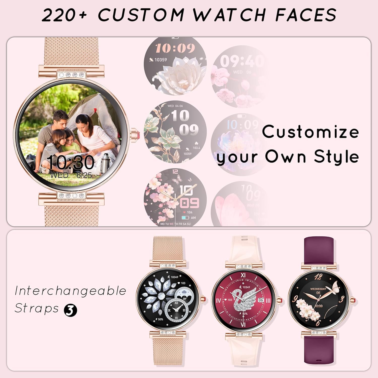 Reloj Inteligente Mujer Pantalla AMOLED 1,19'' Elegante Pequeño Oro Rosa | Reloj Deportivo Contador Monitor Sueño Pulsómetro SpO2 Smartwatch con Llamadas IP68 compatible con iPhone Android