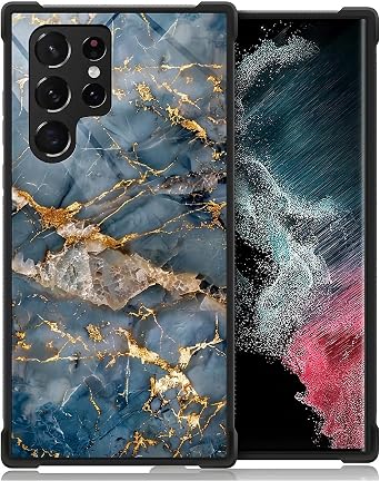 Compatible with Samsung Galaxy S22 Ultra Case, Shockproof Protective for Man Women Non-Slip for Samsung Galaxy S22 Ultra Crazy Pattern Blue Gray Marble Golden Veins