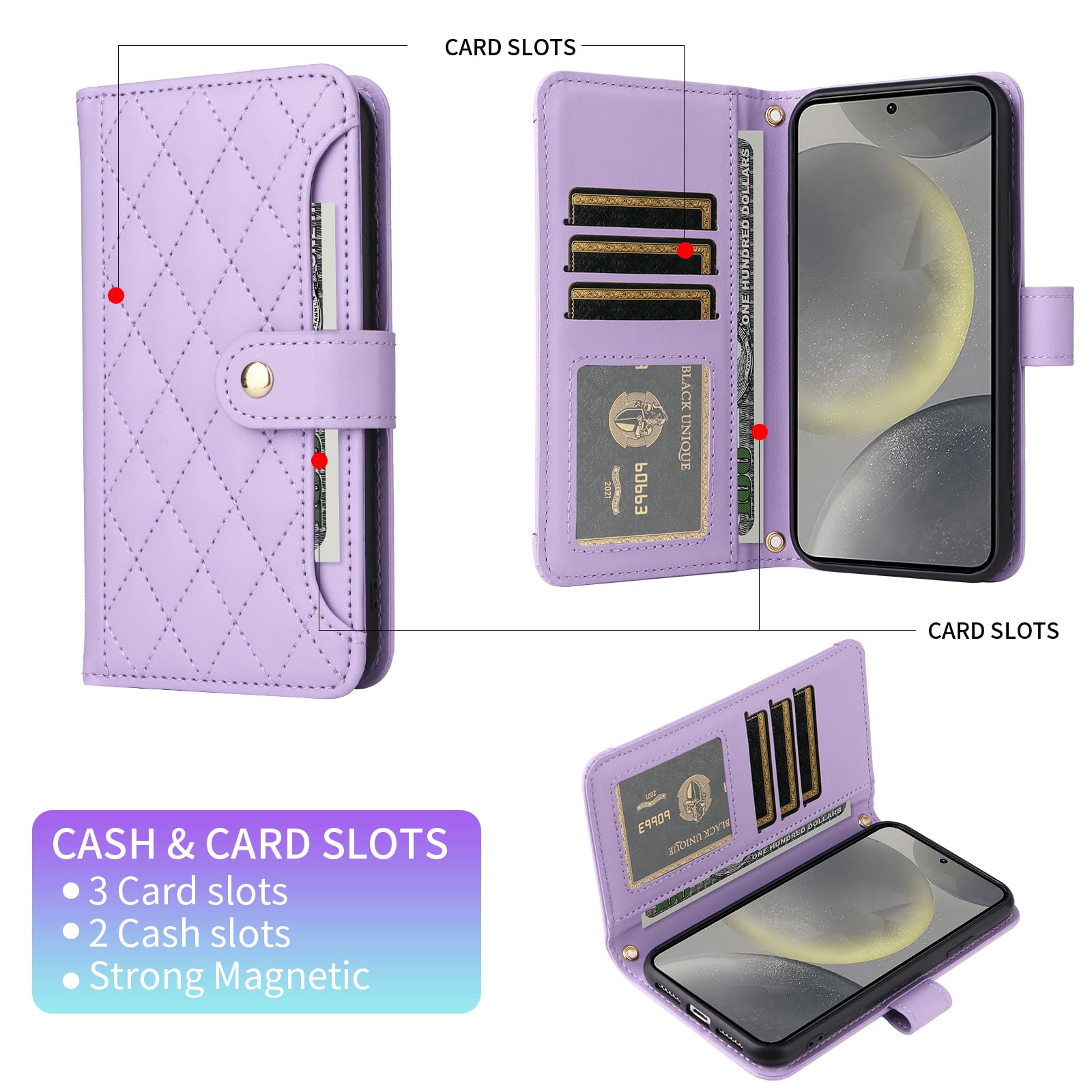 Phone Case for Samsung Galaxy A25 5G Wallet Cell Cover with Tempered Glass Screen Protector Strap Flip Credit Card Holder Accessories Stand Lanyard Wrist A 25 25A SM-A256U Women Girls Purple