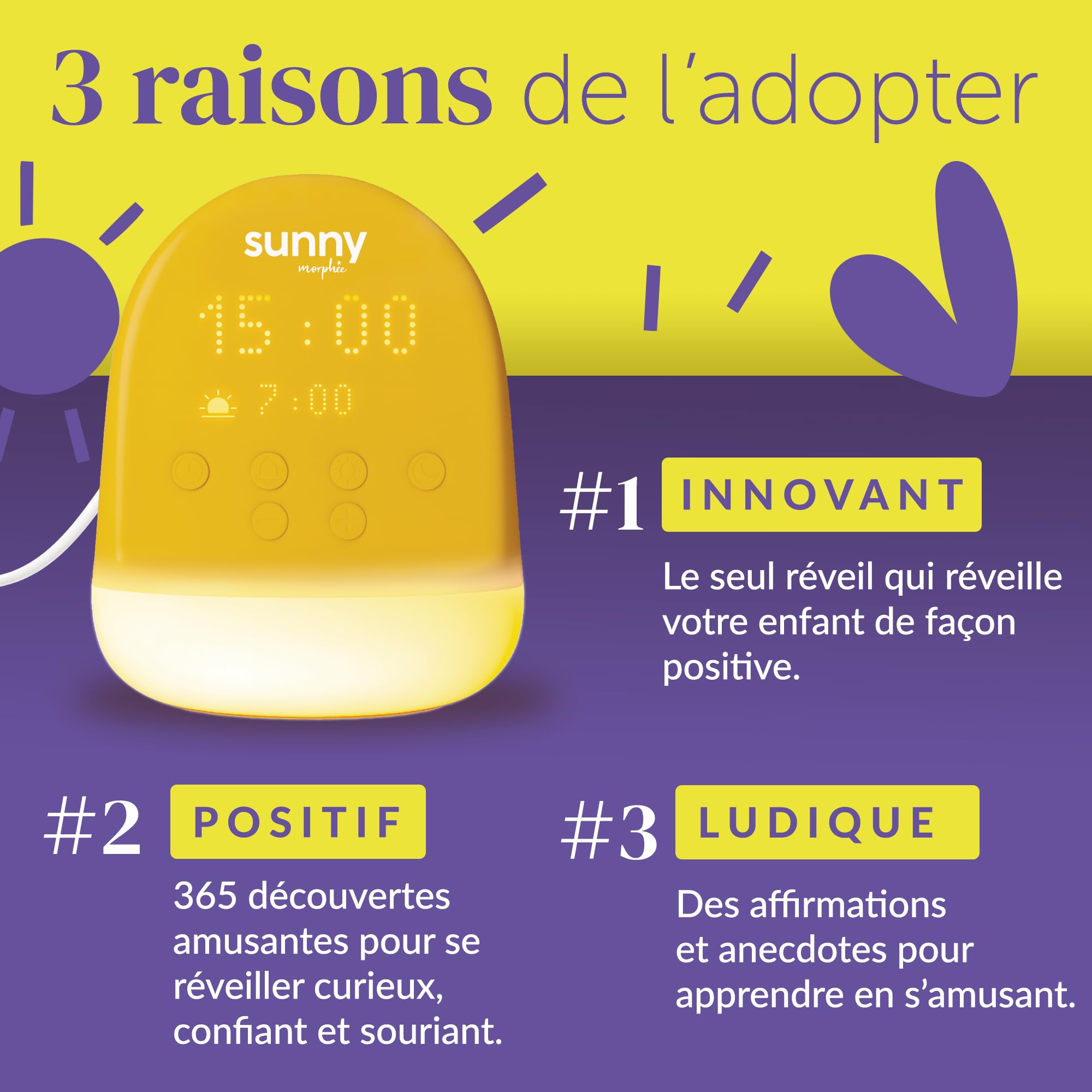 Sunny Morphée Réveil Enfant 365 Découvertes Audio Veilleuse Jour/Nuit 3-10 Ans Prise Secteur
