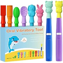 Oral Motor Vibration Tool Oral Sensory Stimulation Kit with 8 Textured Silicone Heads, 2 Massager, 3 Vibration Modes for Autism, Speech Therapy, Self Feeding Stimulation & Calm Sensory Needs