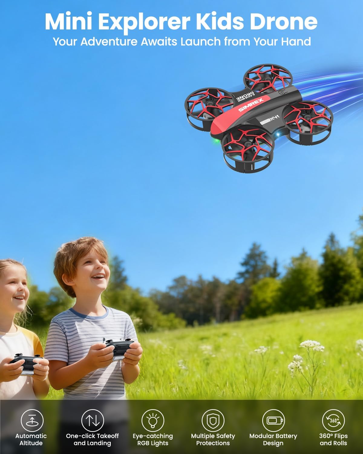 simrex mini drone for kids & beginners, rc quadcopter with altitude hold, 3 speed modes, one key takeoff/landing, headless mode, cool led lights, stunt flip, ideal christmas birthday gift toy(red)