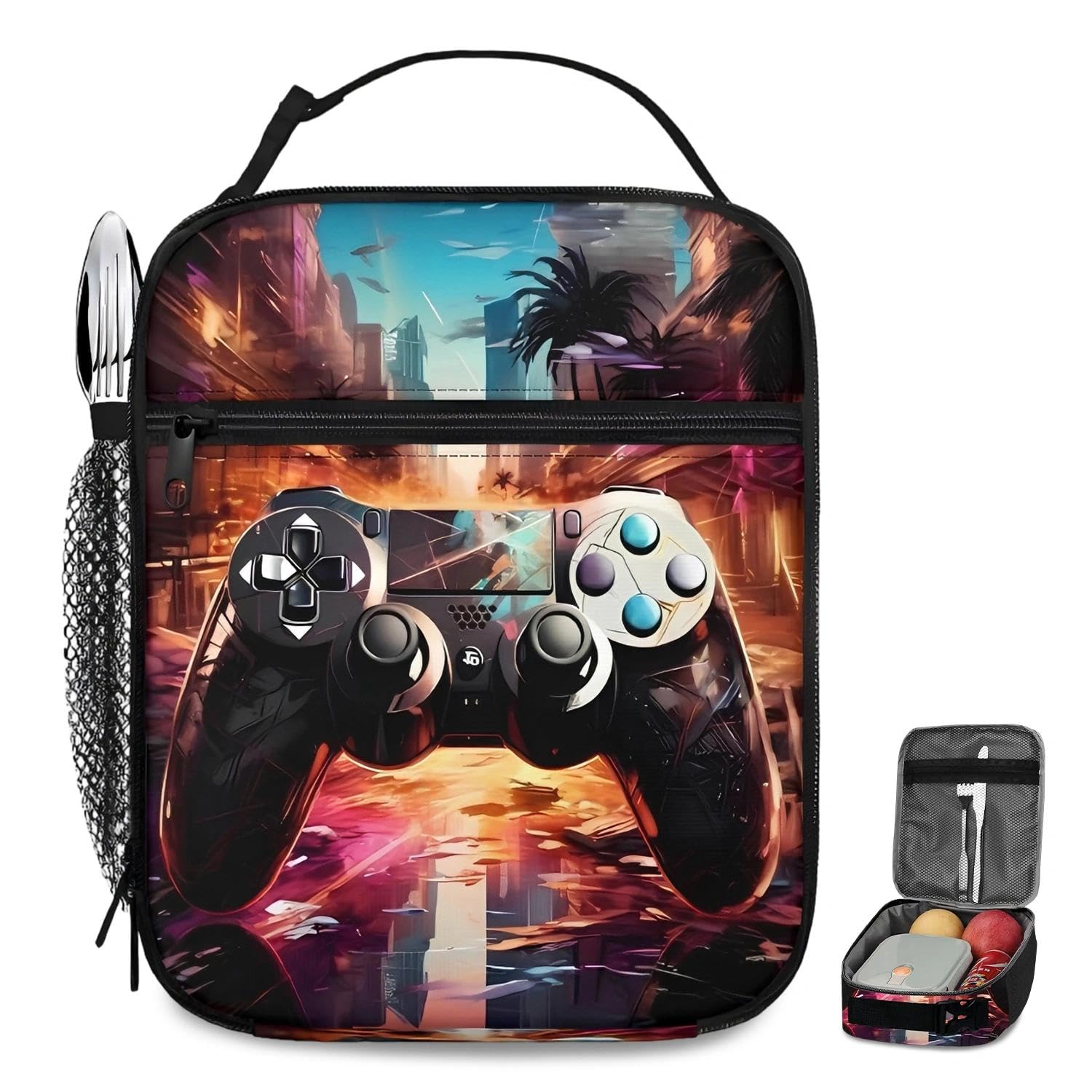 Xheanxu Gamer Lunch Bag, Insulated Large Capacity Oxford Cloth Lunch Box for Kids, Reusable Layered Storage Game LunchBag Boys, Portable Packed LunchBag for School Travel Picnic Family Outings Hiking