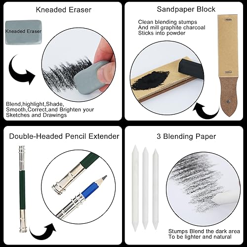 Miniatura 6 de LUCYCAZ Juego de dibujo, kit de boceto, 55 piezas de suministros de arte para adultos con lápices de dibujo, grafito y carbón, suministros de dibujo
