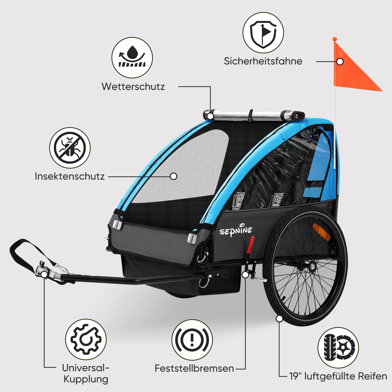 SEPNINE Kinderanhänger für Fahrrad, Fahrradanhänger für 1-2 Kinder, mit 5-Punkt-Sicherheitsgurt, Luftreifen, Handbremse, Faltbar, Max. 40 kg (Hellblau)