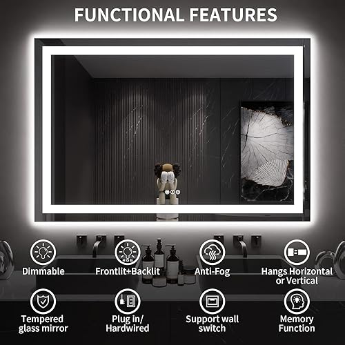 Miniatura 8 de LOAAO Espejo de baño LED de 60 x 40 pulgadas con luces, antiniebla, regulable, retroiluminado + iluminado frontal, espejo de tocador de baño