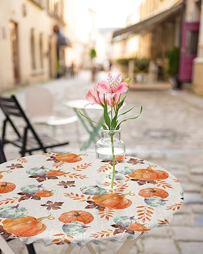Miniatura 4 de Mantel redondo ajustable con diseño de hojas de otoño para mesas de comedor, mantel elástico con bordes de hojas de otoño, calabaza, impermeable, a