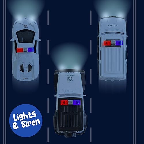 Miniatura 5 de Top Race Coches de policía de metal fundido a presión con batería con faros LED, camión de policía y sirenas a escala 132, juego de 3 autos de