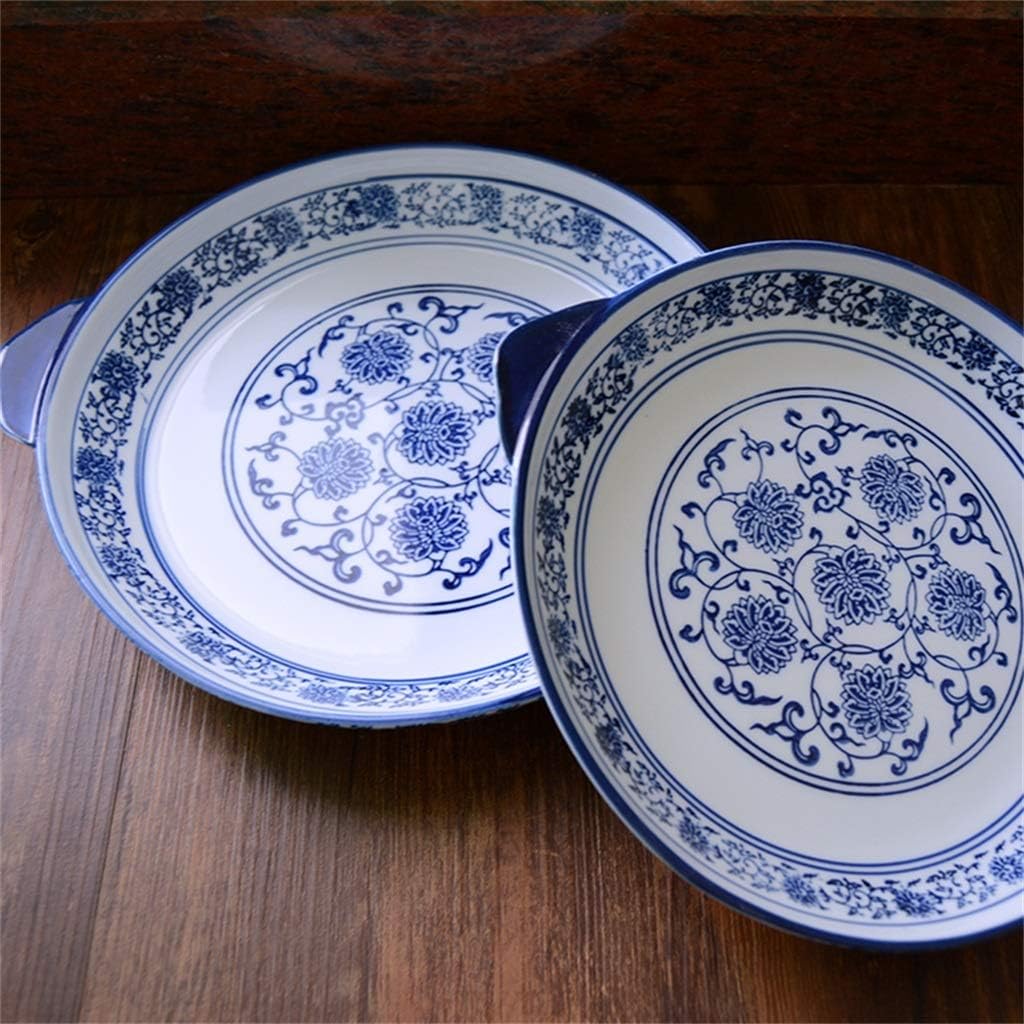 Hand-painted Blue and White Porcelain Plate Party Camping Baking Tray with Ears,White-9 in(20cm)