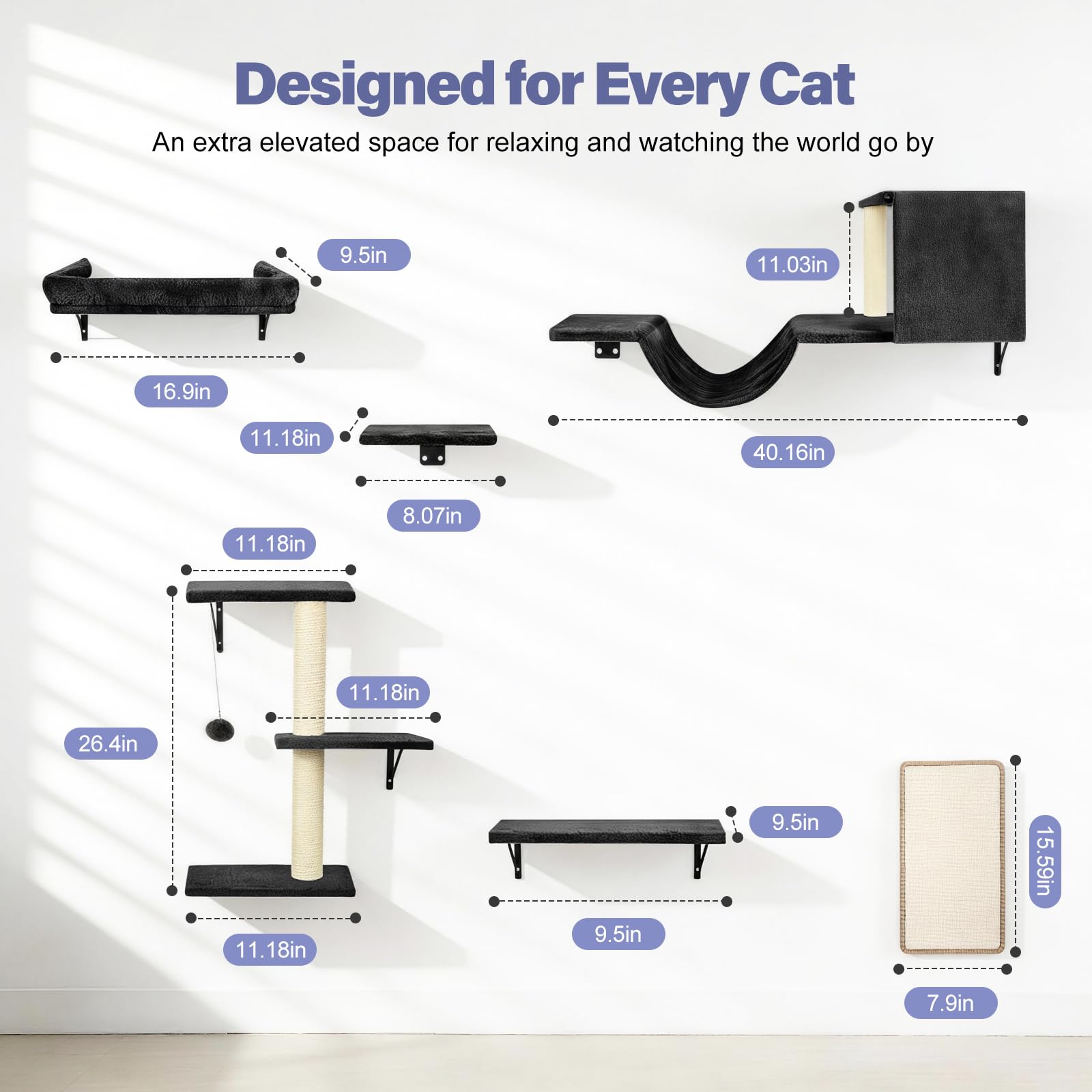 Fopetfy Cat Wall Shelves, Stable & Safe 6 in 1 Cat Furniture Set Black, for Cats to Climb, Hide, Lounge, and Scratch - image 2