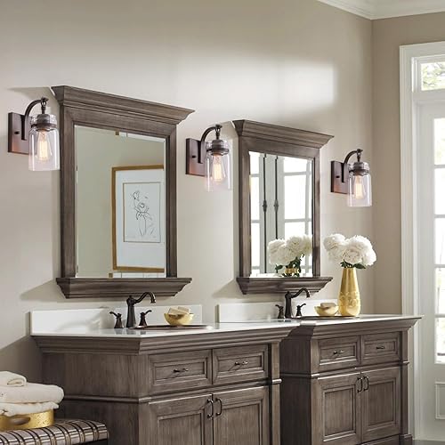 Miniatura 2 de Juego de 2 apliques de pared, apliques de bronce aceitado con vidrio transparente para interiores, granja, baño, aplique de pared para baño,