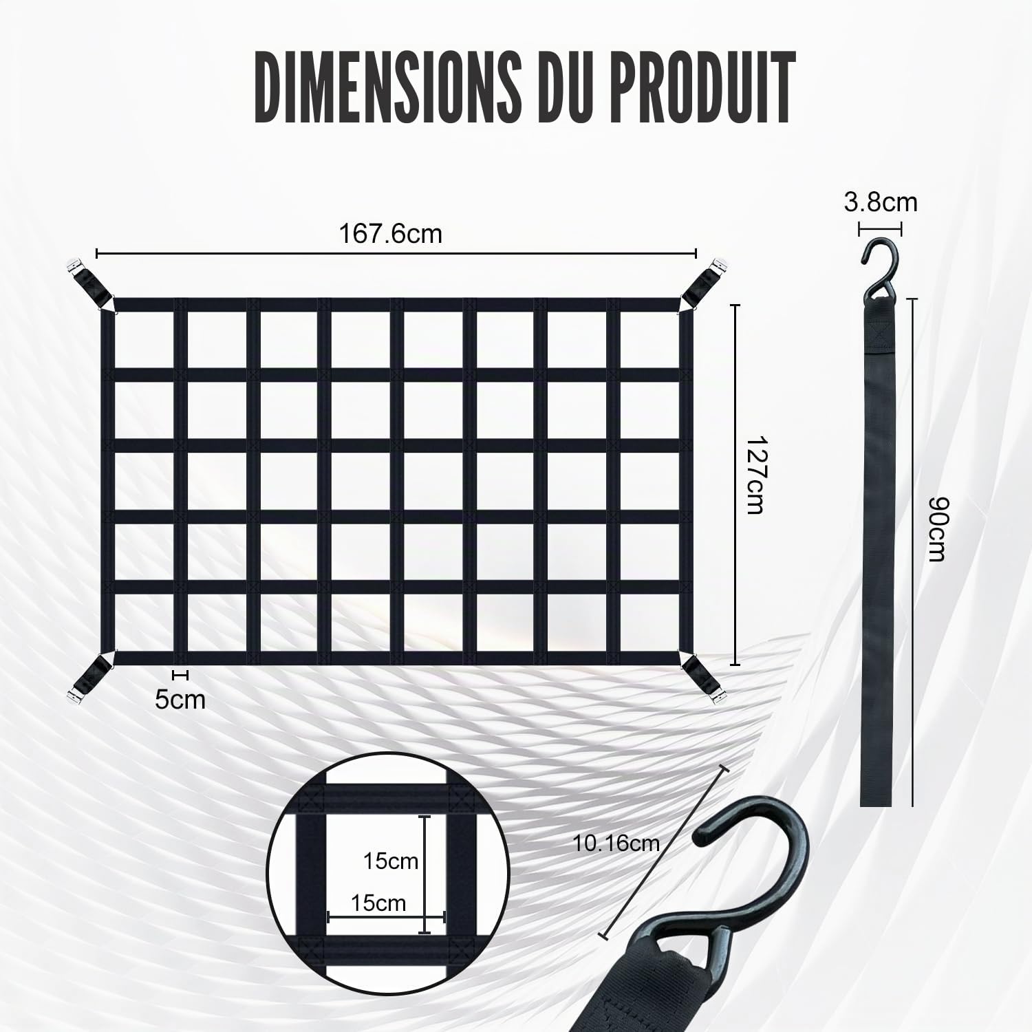 Filet à bagages cargo pour pick-up et camion plateau de chargement/hayon 167 x 127 cm - 500 kg - Filet de fret résistant à la déchirure en nylon - Réglable avec 4 sangles de fixation - Crochets en S