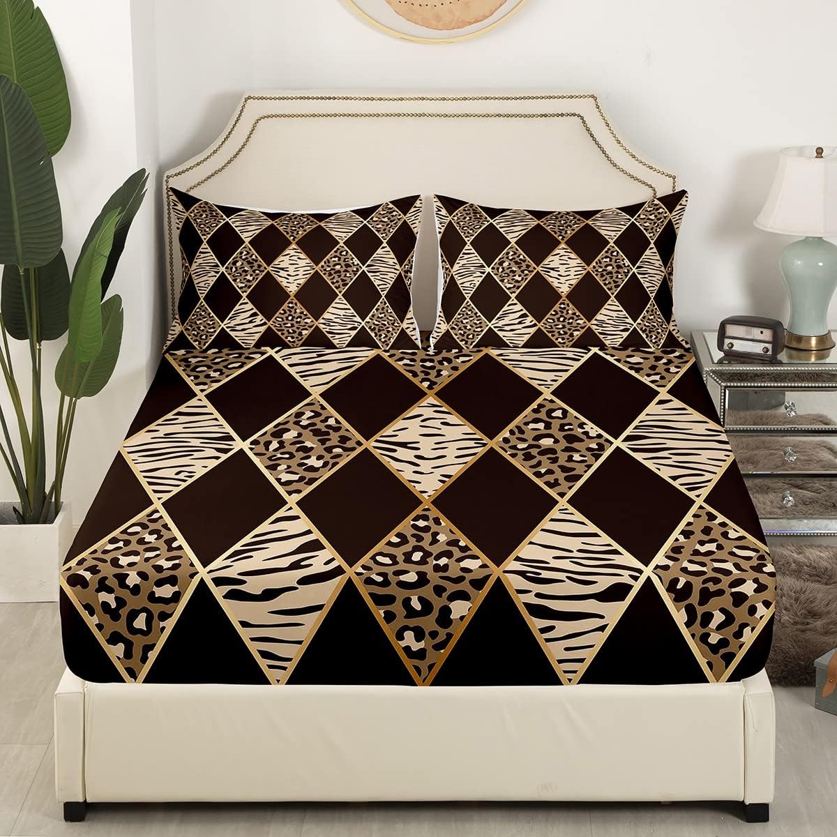 Erosebridal Safari Animal Print Sheets Cheetah Zebra Tiger Bed Sheets Giraffe Leopard Queen Size Sheet Set 4pcs Black Brown Gold Fitted Sheet, Geometric Patchwork Plaid Flat Sheet Luxury Bedroom Decor