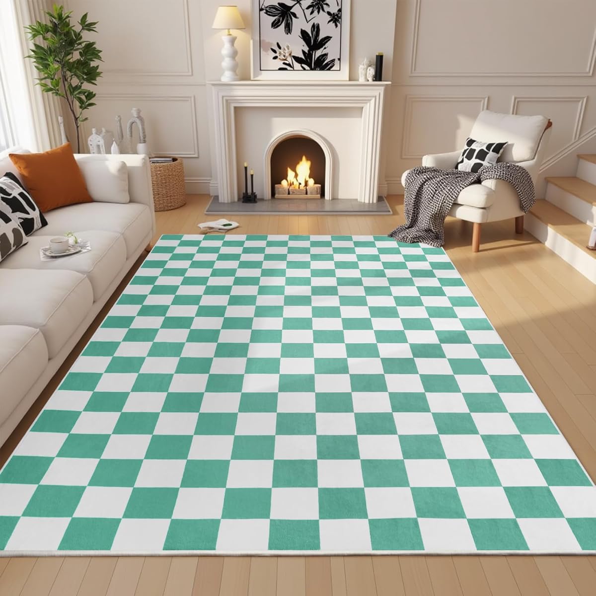 Terrug Green and White Checkered Rug for Living Room,5x7 Area Rugs Washable with Non Slip for Bedroom,Soft Low Pile Stain Resistance Retro Carpet for Dorm Kids Room