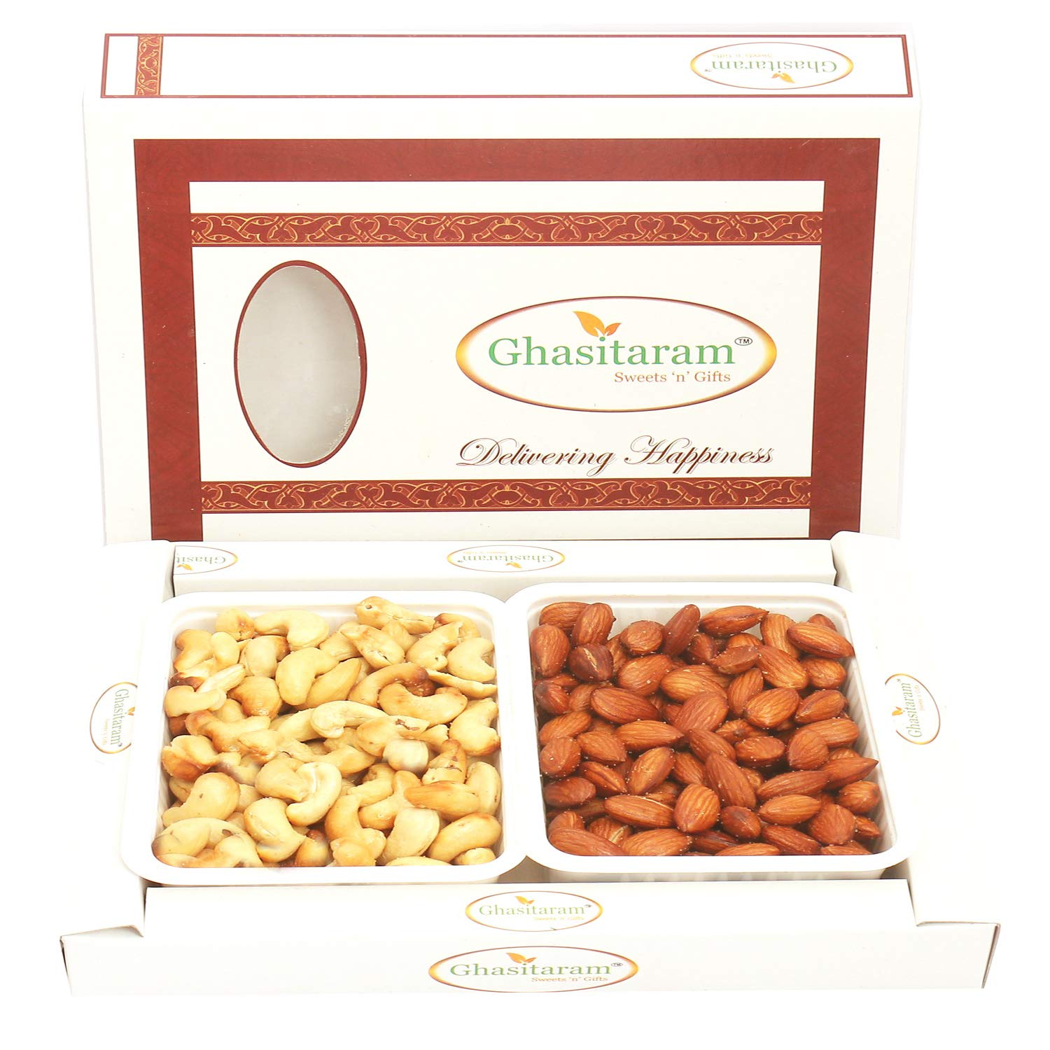 ghasitaram gifts dry fruit - salted cashews and salted almonds in white box|dry fruit combo pack offer|dry fruit gift pack|dry fruit box|diwali dry fruit gift box|mix nut|