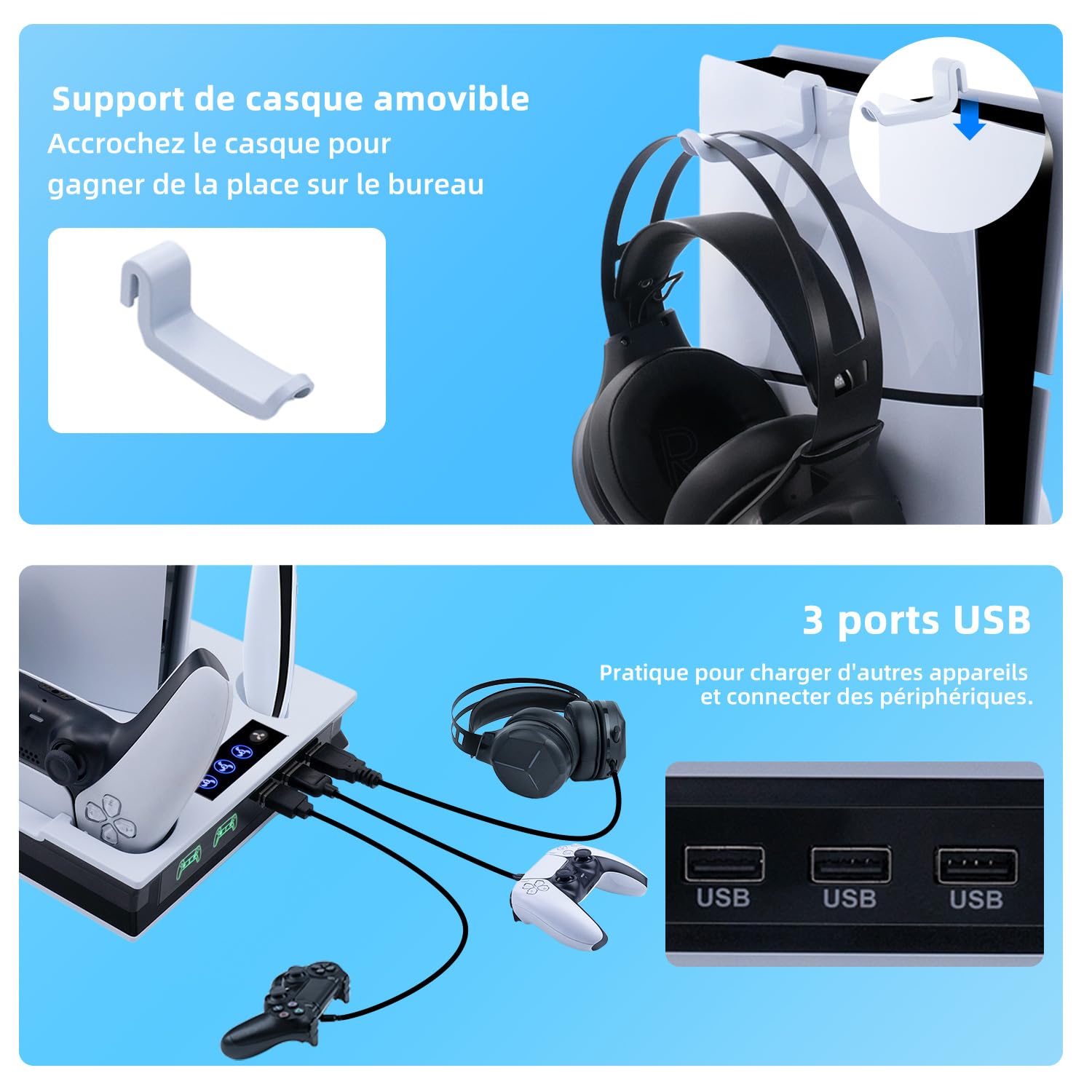 Mcbazel PS5/PS5 Pro/PS5 Slim Support de Refroidissement et de Chargement 3 Vitesses Réglable LED Magnétique Double Chargeur pour Manette ps5 Compatible avec PS5/PS5 Slim UHD/Digital/PS5 Pro