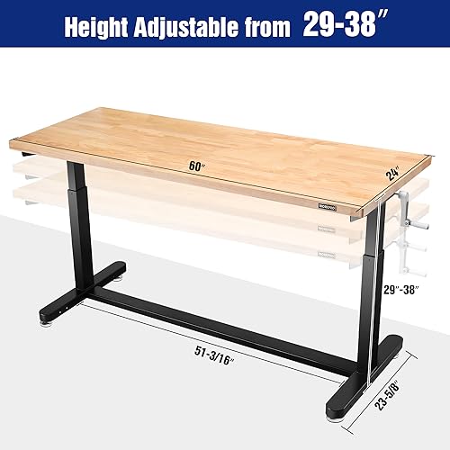 Miniatura 2 de WORKPRO Mesa de trabajo ajustable de 60 pulgadas de altura con manivela y ruedas, banco de trabajo de escritorio de madera de 60 x 24 pulgadas,
