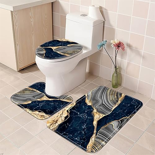 Miniatura 10 de Nkzply Juego de 4 cortinas de ducha de mármol negro y dorado con cortina de ducha y alfombras, accesorios de decoración abstracta moderna de baño,