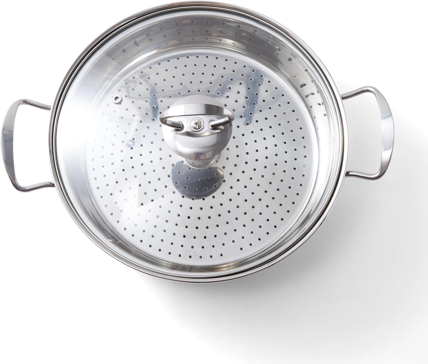 Broccoli Steamer Pot for Stovetop with Central Steam Vent – Stainless Steel Vegetable Steaming Pot with Perforated Basket and Glass Lid – Single-Layer Steamer for Broccoli and Greens