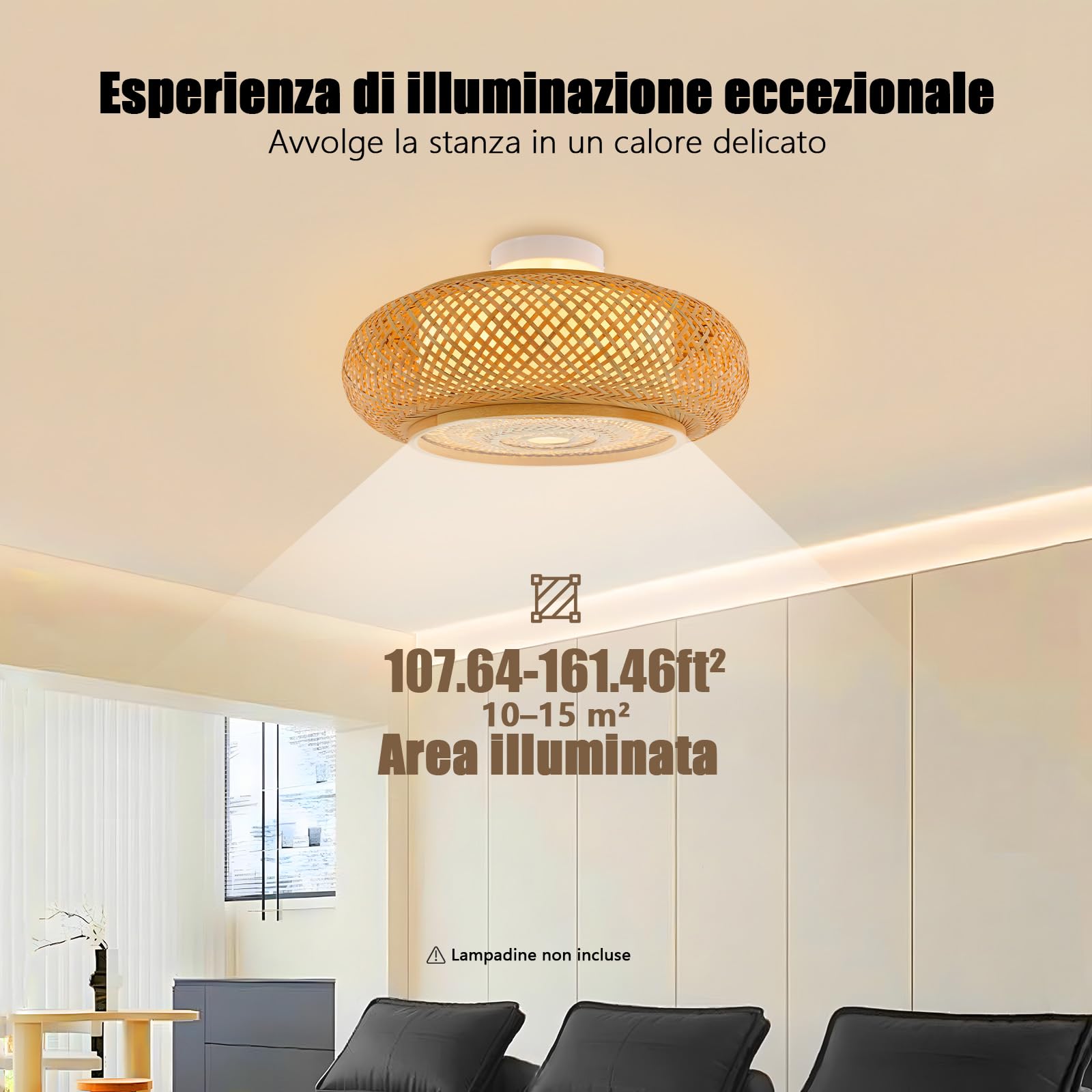 Lampada da soffitto in bambù, stile retrò, 3 luci, per corridoio, boho, tessuto a mano, in legno, 40 x 14 cm, lampada a sospensione in rattan per LED/lampadina/lampada fluorescente