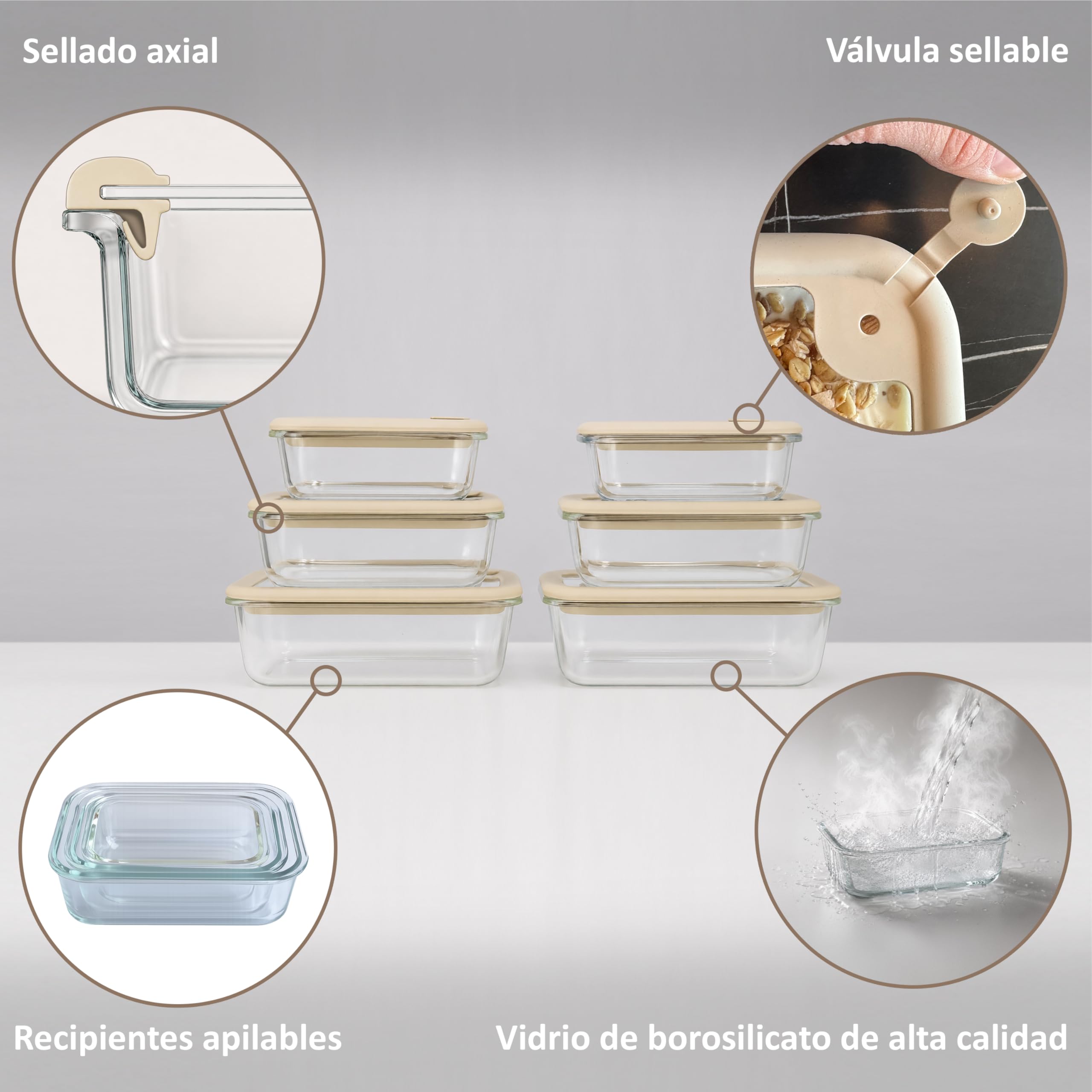 Tapers de cristal lote de 6 - Tupper cristal hermetico sin BPA - Envases vidrio con tapa - Apto microondas congelador lavavajillas