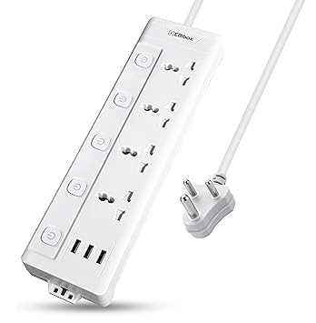 EMBOX 10A Extension Board with USB Port- 4 Universal Sockets and 3 USB (2.4 A) Charging Ports with Indicator, 2500W Heavy Duty Cable, 250 Volts (2 Meter Cable with Overload Protector)