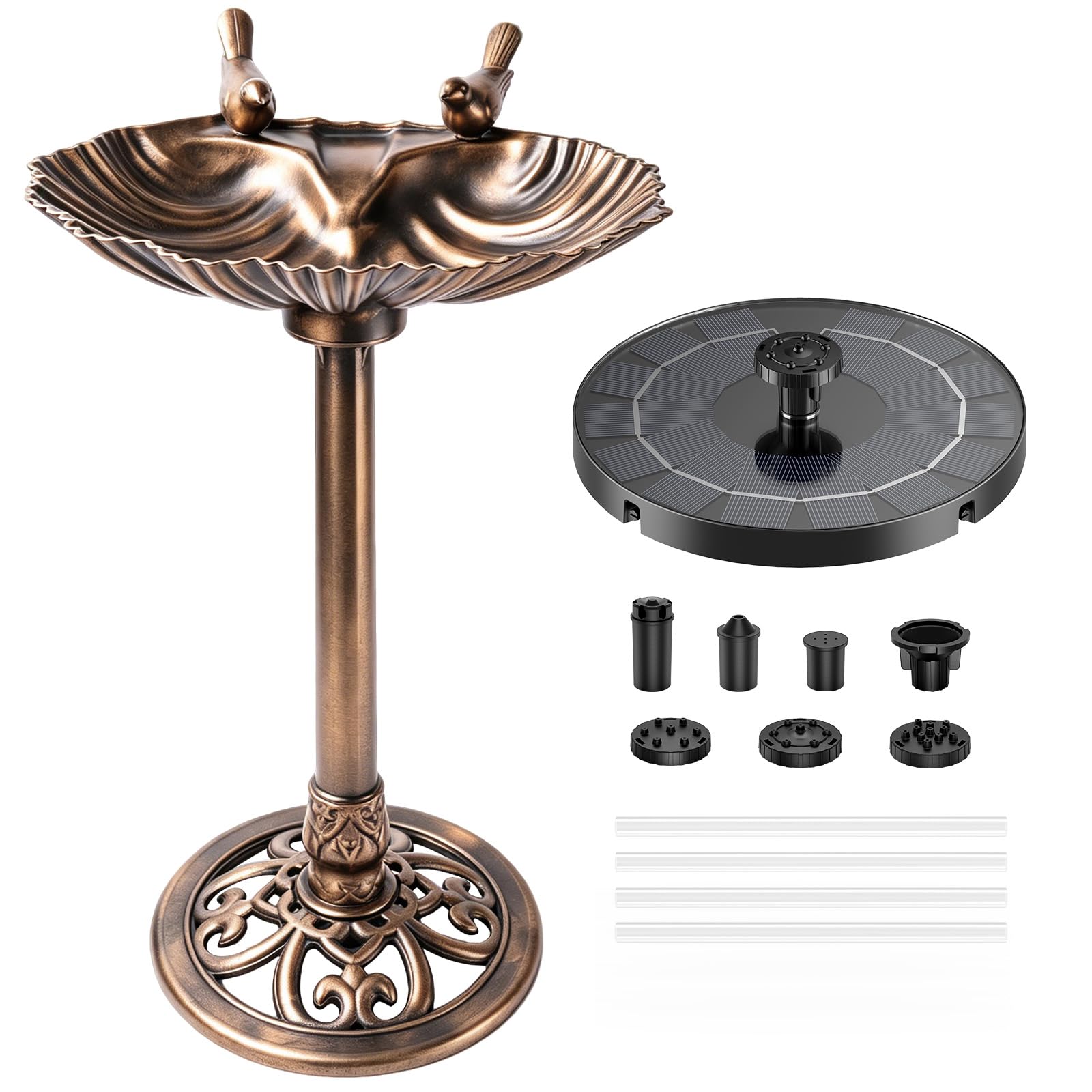 AISITIN Vogeltränke mit 3,5W Solar Springbrunnen, Futterplatz,Garten,Balkon Dekoration, Vogelbecken Vogel Futterstelle Tränke Bad für Balkon Terrasse Gartendeko Vogelbecken Bronzen Kunststoff Bronze