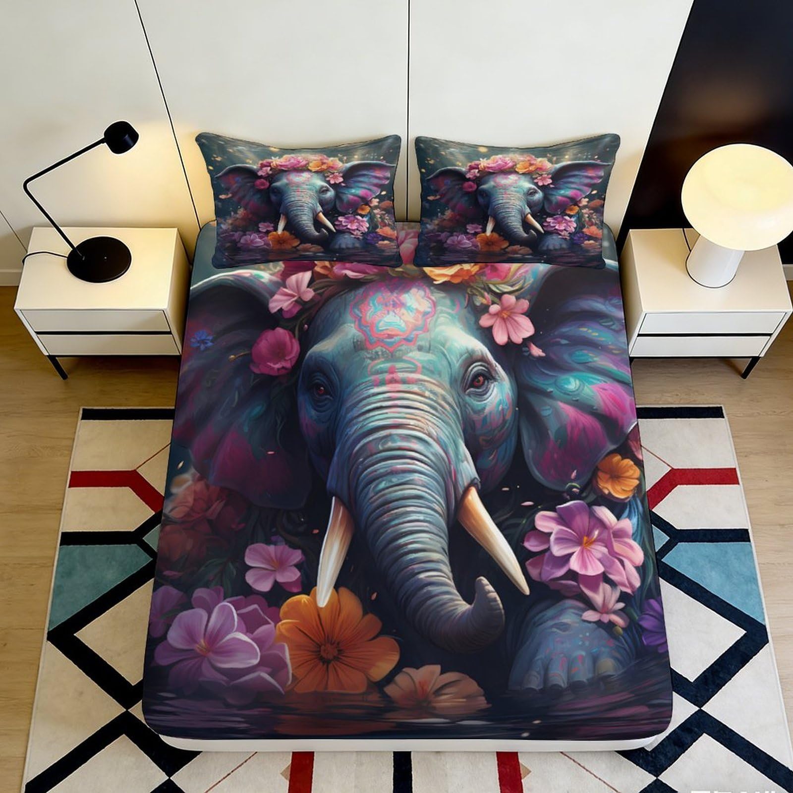 3D Printed Floral Elephant Fitted Sheet Microfiber Soft Anti-Slip Mattress Cover Bedroom Dorm Decor Gift, Washable 120x200x25cm