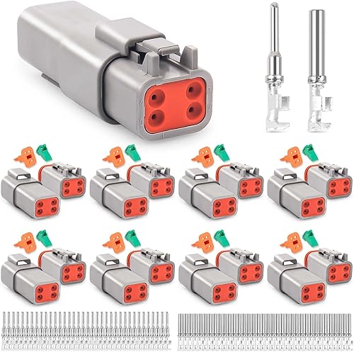 JRready ST6327-402 Deutsch DT 4 Pin Conector 8 conjunto, tamaño 16 contactos estampados 14-18AWG, conectores de cable eléctrico automotriz grises.