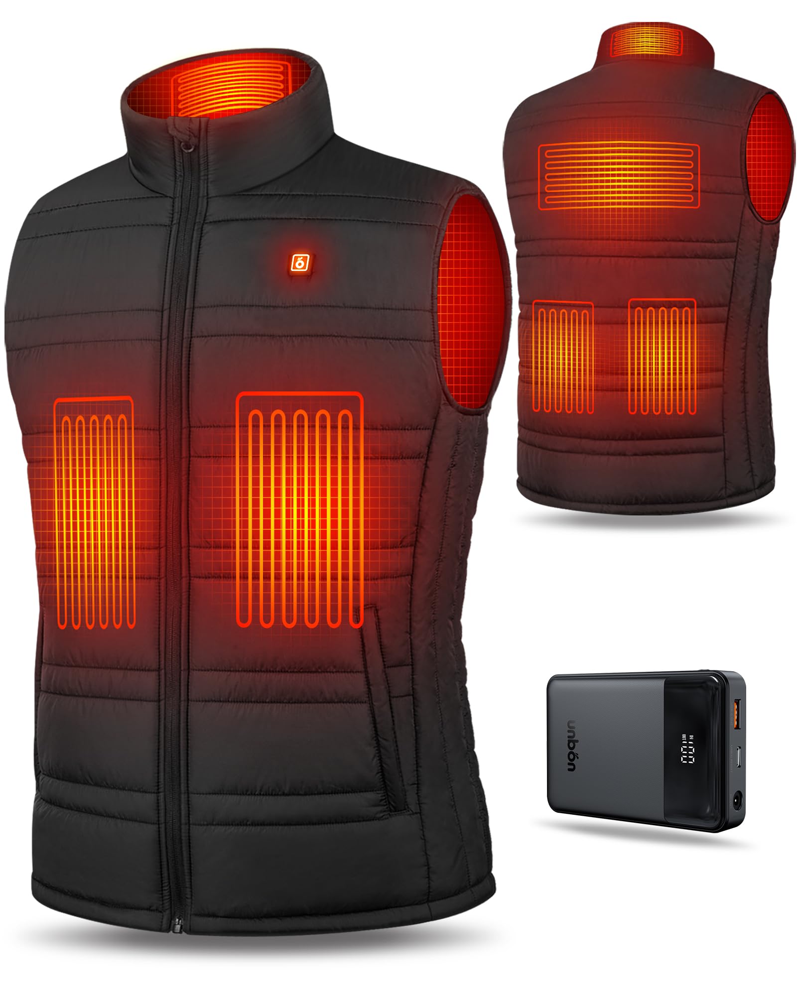 UNBON Gilet Riscaldato Uomo con Batteria USB 10000mAh, Giubbotto Riscaldato Uomo con 3 Temperature 6 Zone di Riscaldamento, Giacca Riscaldata Uomo Gilet Riscaldante Elettrico per Moto Caccia