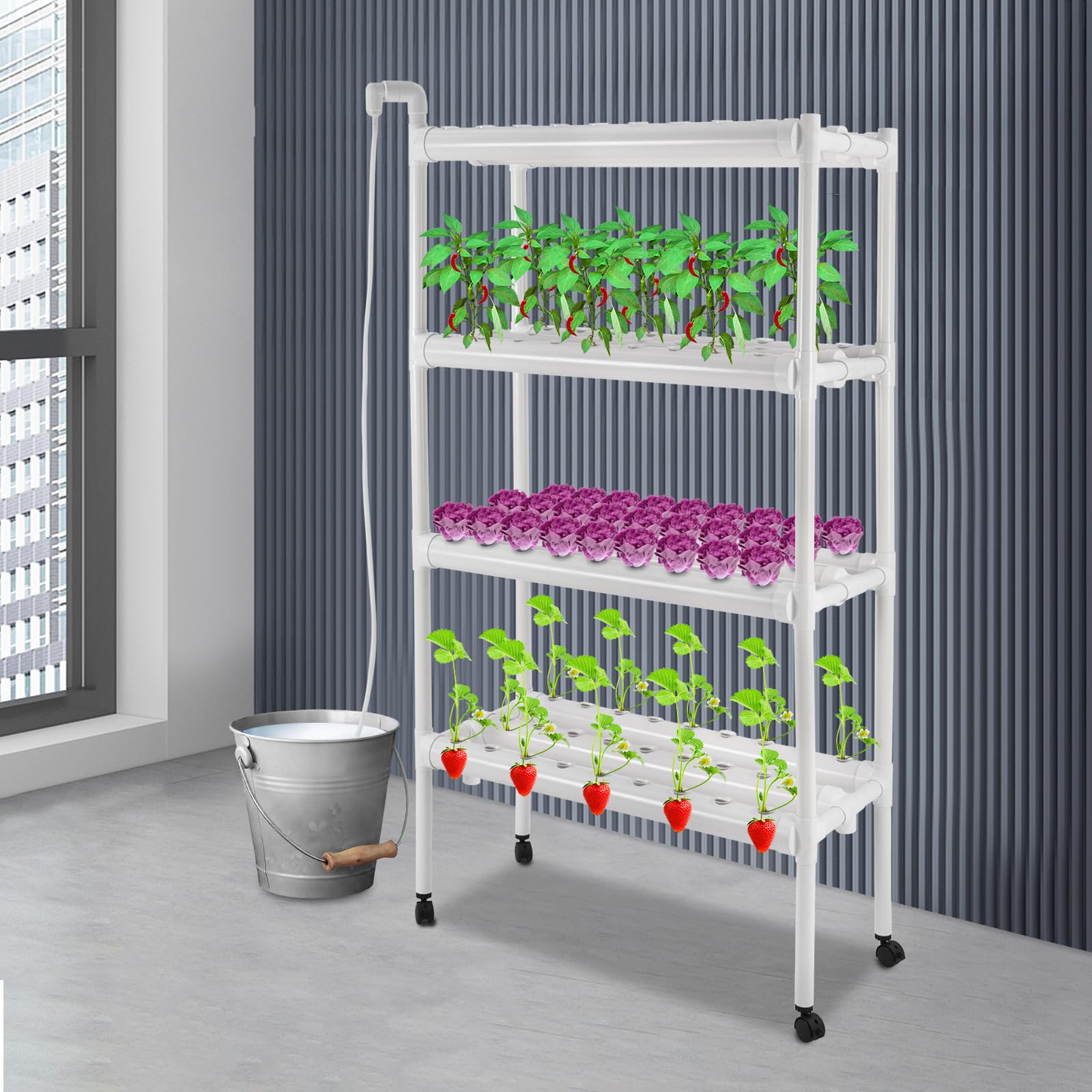 108 Plantsite - Kit de cultivo hidropónico para plantas hidropónicas, sistema de cultivo hidropónico para jardín, sistema de riego con cestas de cultivo, 4 capas, 12 tubos, 108 agujeros (felpudo +