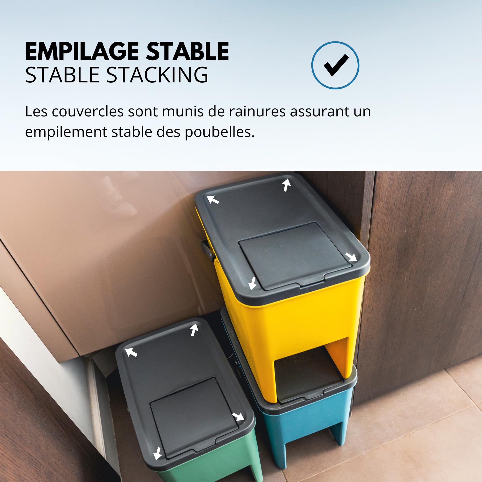 KITCHEN MOVE Bergen - Juego de 3 cubos apilables de 20L para reciclaje – 80L – Papelera de clasificación selectiva de plástico, colores amarillo, azul, verde y gris