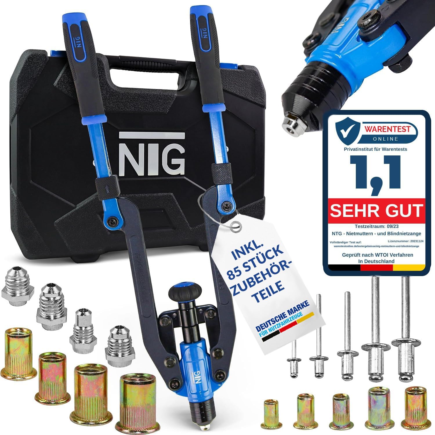 NTG Combi 2 in 1 Blind Riveter and Blind Riveter Tool for Blind Rivets and Rivet Nuts, Includes 85 Pieces