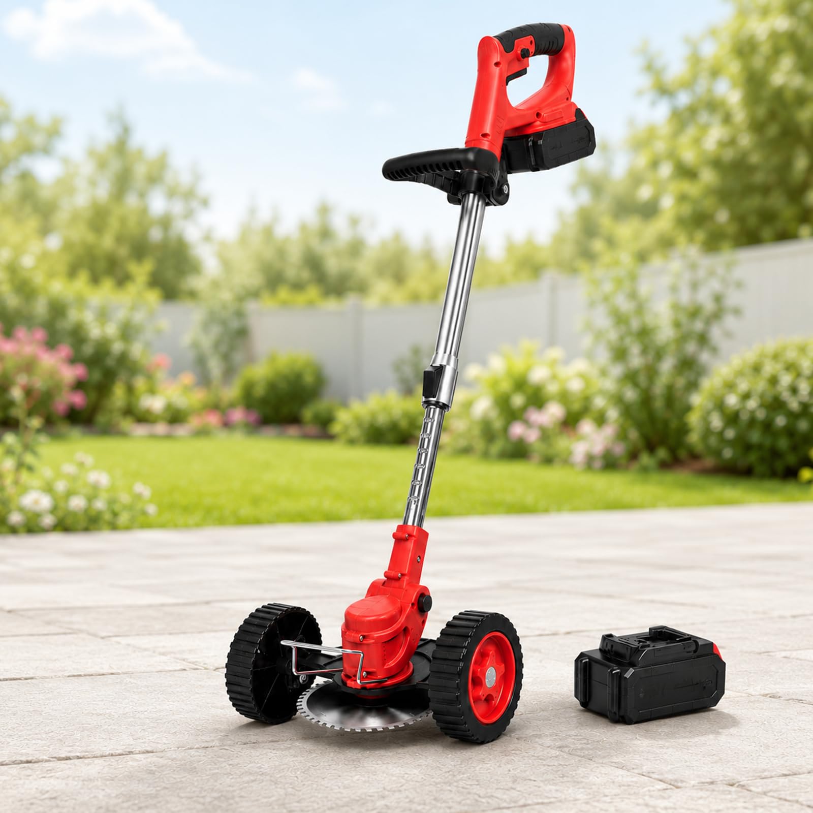 Wianqian Red Electric Lawn Edger 21V Battery Powe, 8000Rpm Garden Trimmer With Wheels -5-Cellbattery