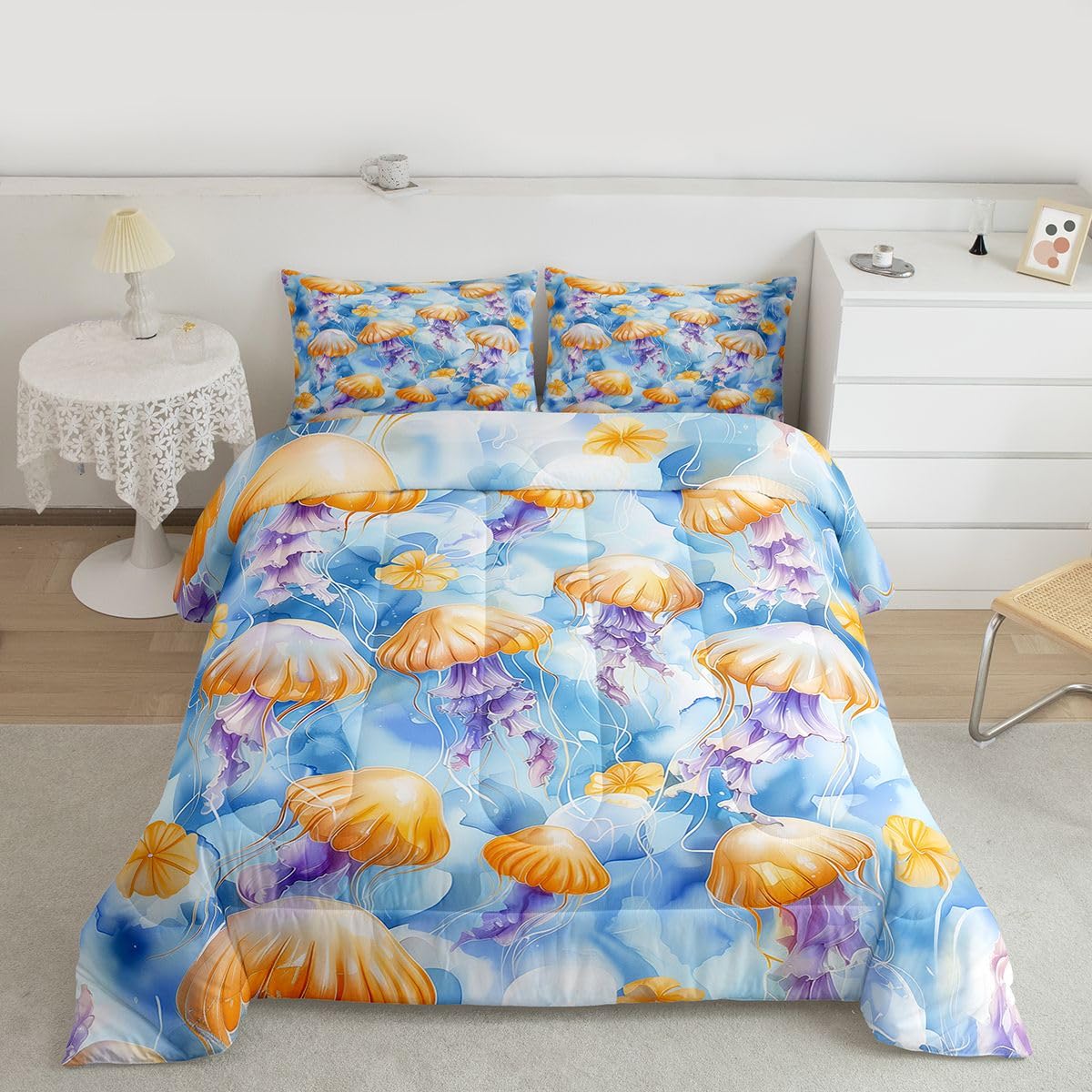 Castle Fairy Cute Jellyfish Bedding Set Twin Size Sea Creature Underwater World Comforter Boys Girls Bedroom Decor Marine Life Sealife Comforter Set Blue Yellow 2Pcs Quilt Set,1 Pillowcase