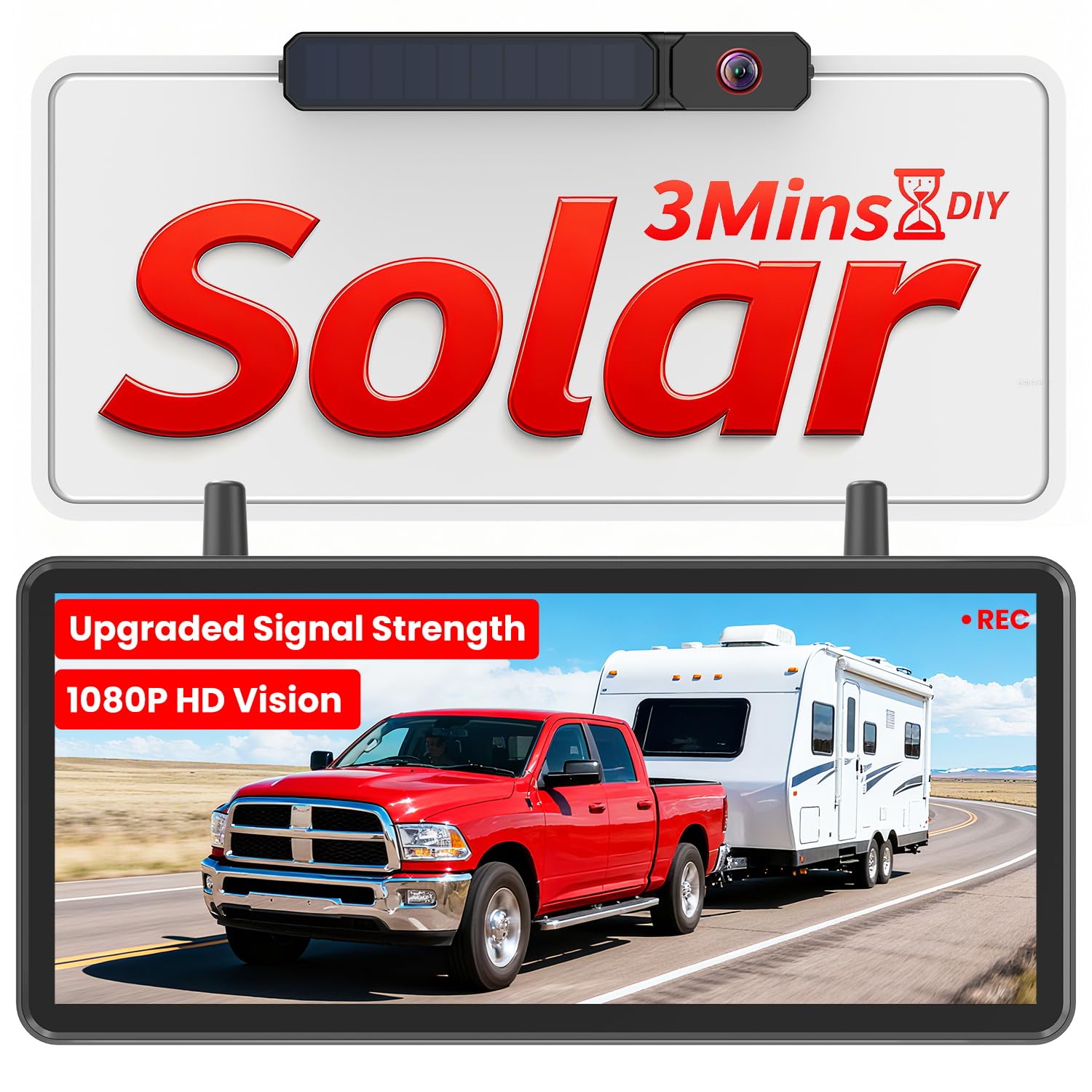 AUTO-VOX Solar Wireless Backup Camera: 7.2" HD Split-Screen, Dual Antenna Signal Upgrade, 3-Minute Easy Install, 1080P Color Night Vision, DVR Recording Back Up Camera for Car, Truck, Camper, Trailer