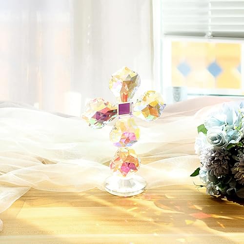 Miniatura 3 de ELLDOO Decoración de cruz de cristal, cruz de cristal tradicional en base con caja de regalo, adorno de cruz de vidrio de hoja de arce, regalos de
