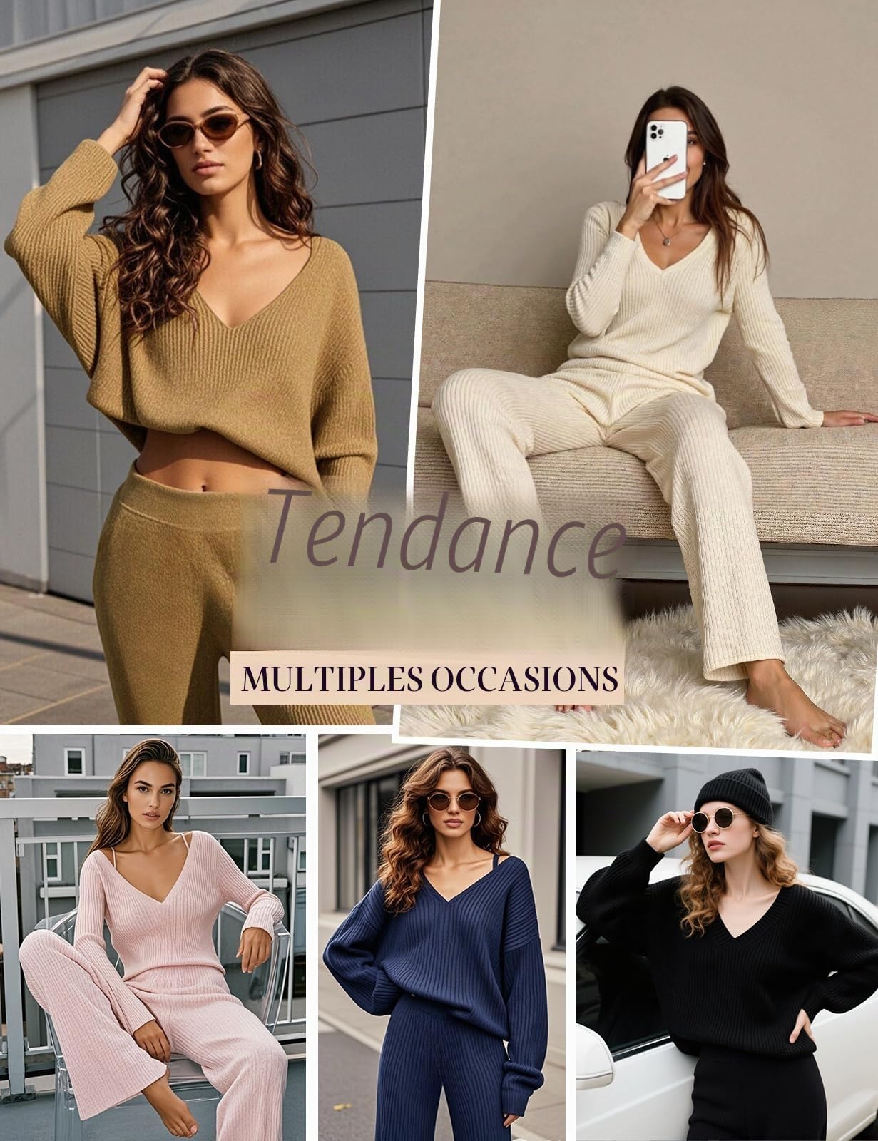 CMTOP Ensemble Femme 2 Pièces Pyjama Hiver Automne Survêtement Jogging Sportswear Col en V Tricot Manches Longue Elastique Taille Haute Pantalon Chic et Elegant Loungewear Set