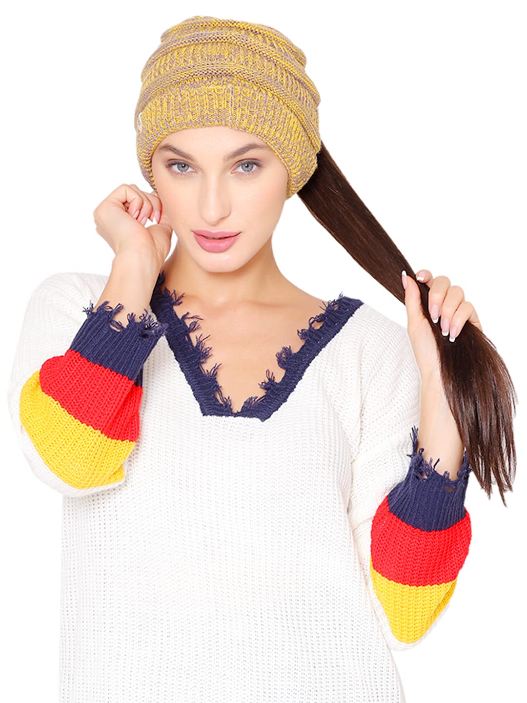 bharatasya Chunky Soft Knit Ponytail Winter Woolen Cap for Women with Hair Hole Yellow-picture-27