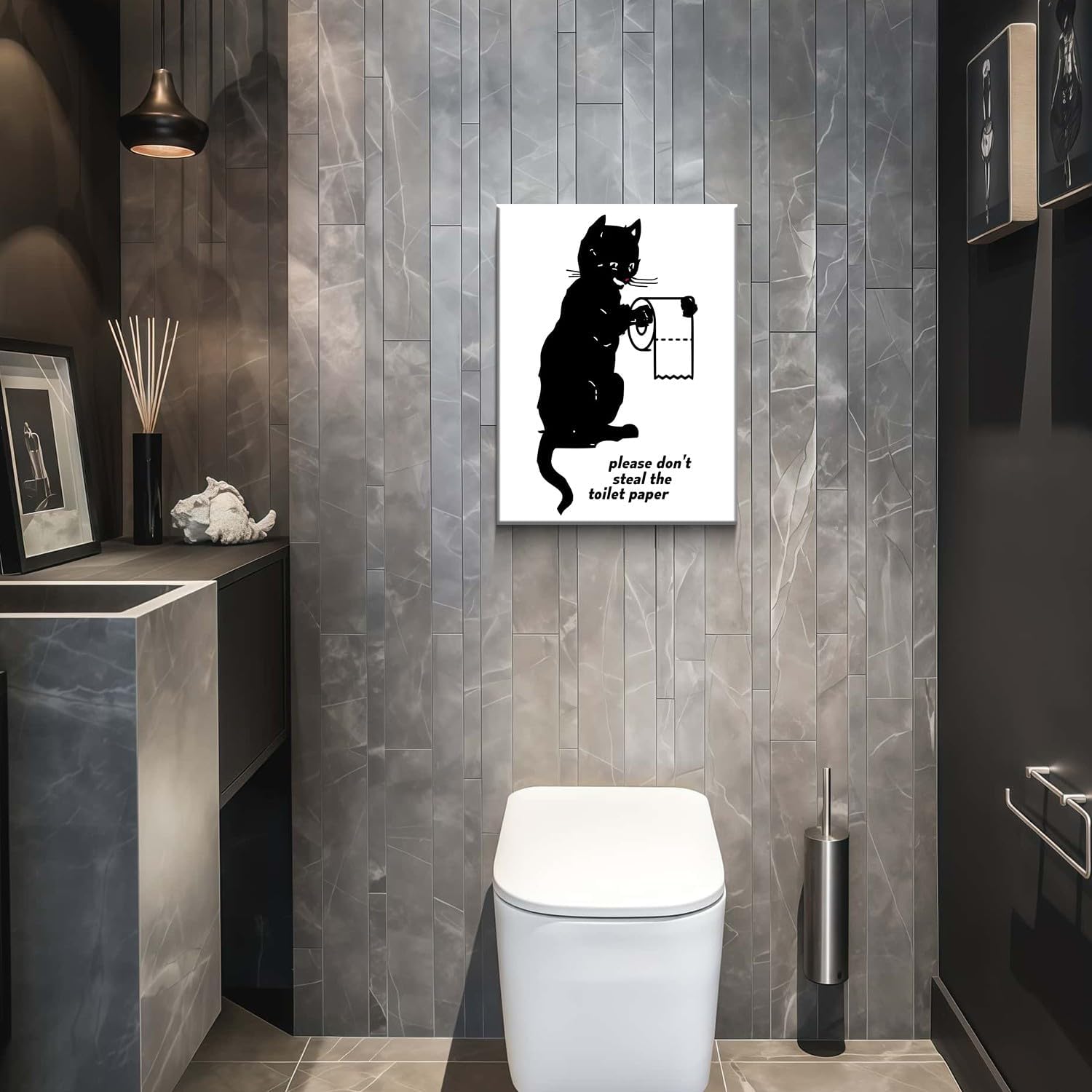 Framed Funny Canvas Wall Art Print Please Don't Steal Paper Black Cat Poster Funny Humor Drawing Picture for Bathroom or Living Room Laundry Room Decor 12x16 Inch Ready to Hang