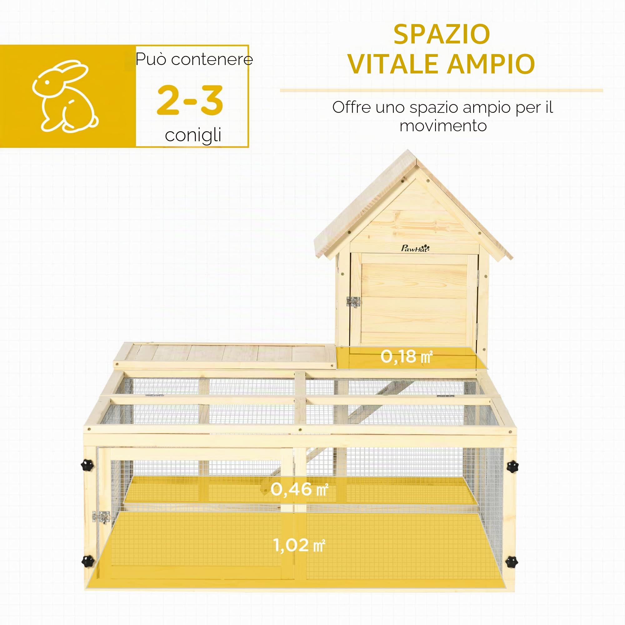 PawHut Legnaia Coniglio 2 Livelli, Area Corsa, Rampe | Recinto animali, villa coniglio, porte bloccabili, 151,5x106x97 cm.