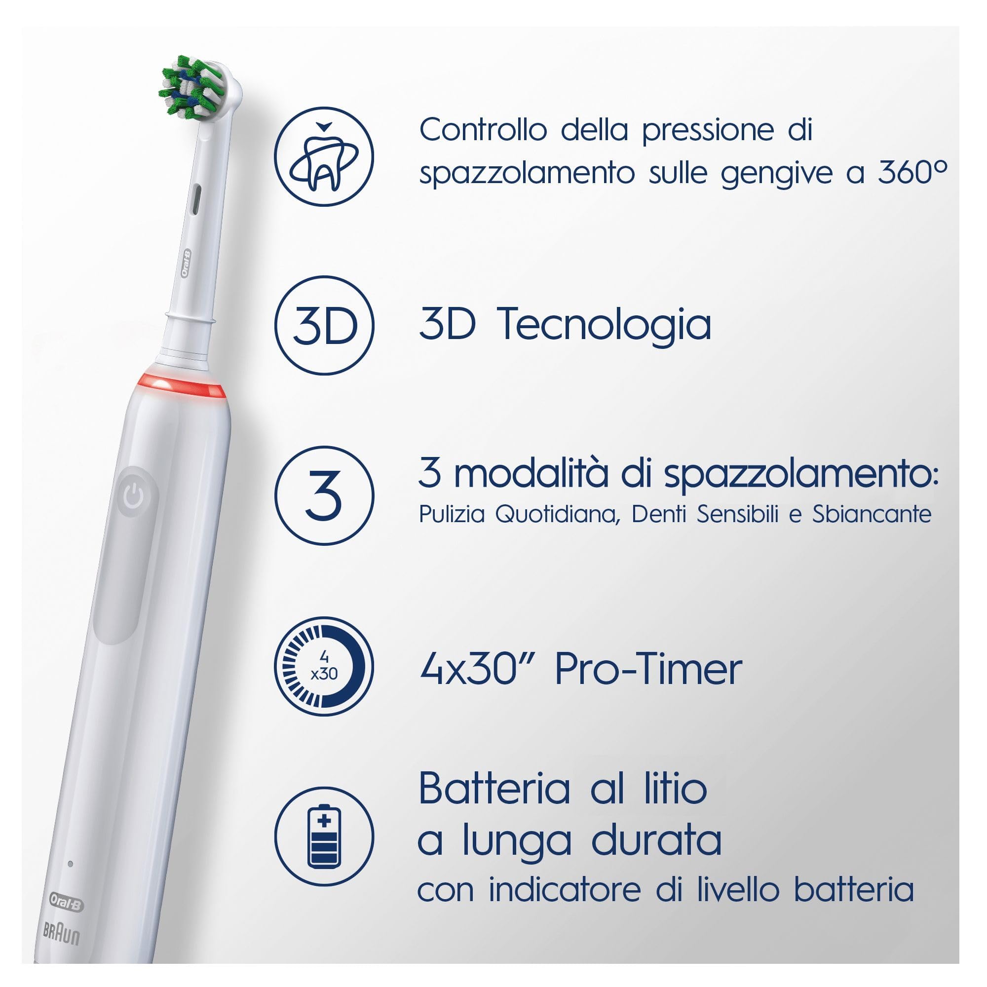 Oral-B Pro 3-3000 Spazzolino Elettrico 3 Modalità di spazzolamento, Sensore di Pressione, Azione Sbiancante, Ideale per Denti Sensibili 1 Testina, Batteria Litio, Bianco